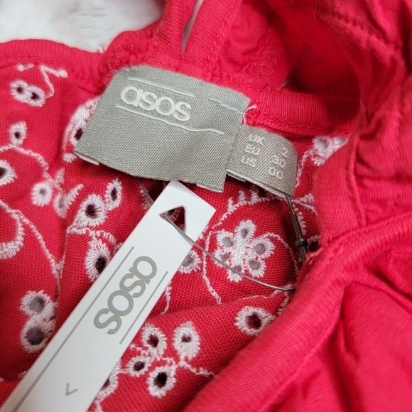 Asos Cotton Red White Eyelet Embroidered Ruffle Bottom New Dress Size 00 - Picture 9 of 13